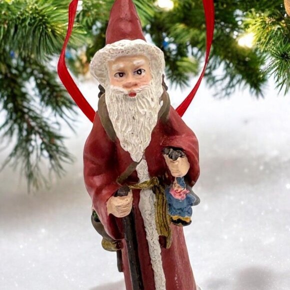 Vintage Santa Claus Christmas Tree Ornament Jolly Old St Nick Toy Sack - Picture 1 of 8